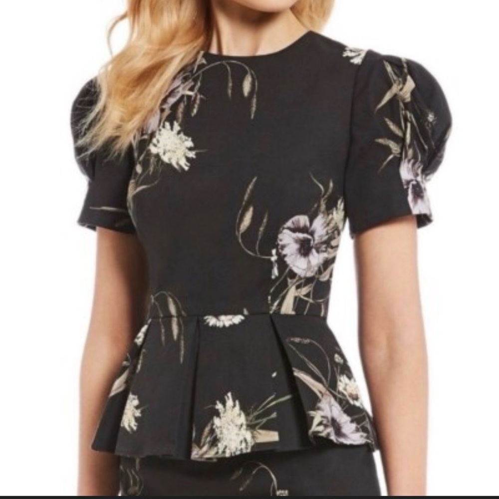 Antonio Melani Black Floral Puff Sleeve Peplum Stretch Top Blouse Womens Size 4